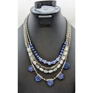 White House Black Market Four Strand Blue Silver Tone Beaded Stone Necklace